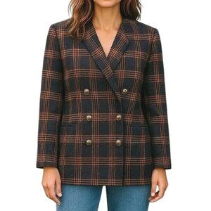 Le Suit Blazer Size 22 Wool Blend Brown Black Glen Plaid Double Breasted Long